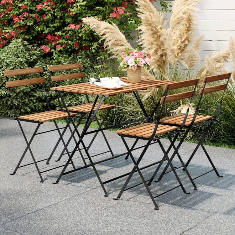 Black and Brown Acacia Wood Folding Patio Dining Set 5 Piece with Metal Frame - Chair: 18” x 15.5” x 31”
