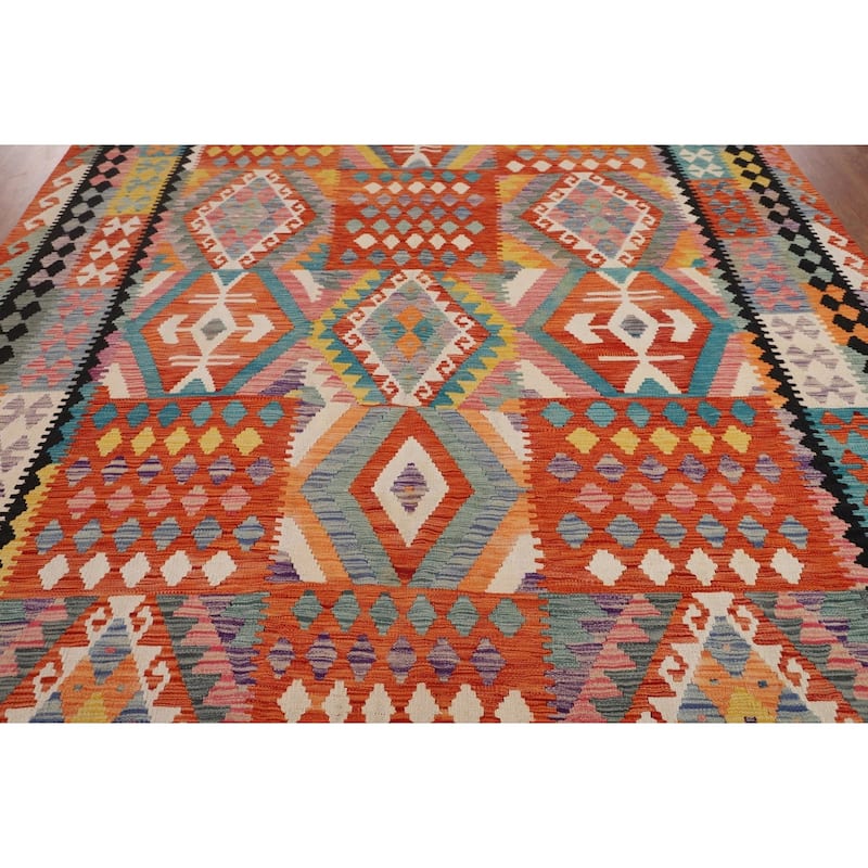 Geometric Kilim Oriental Area Rug Flatweave Orange Wool Carpet - 8'0" x 11'5"
