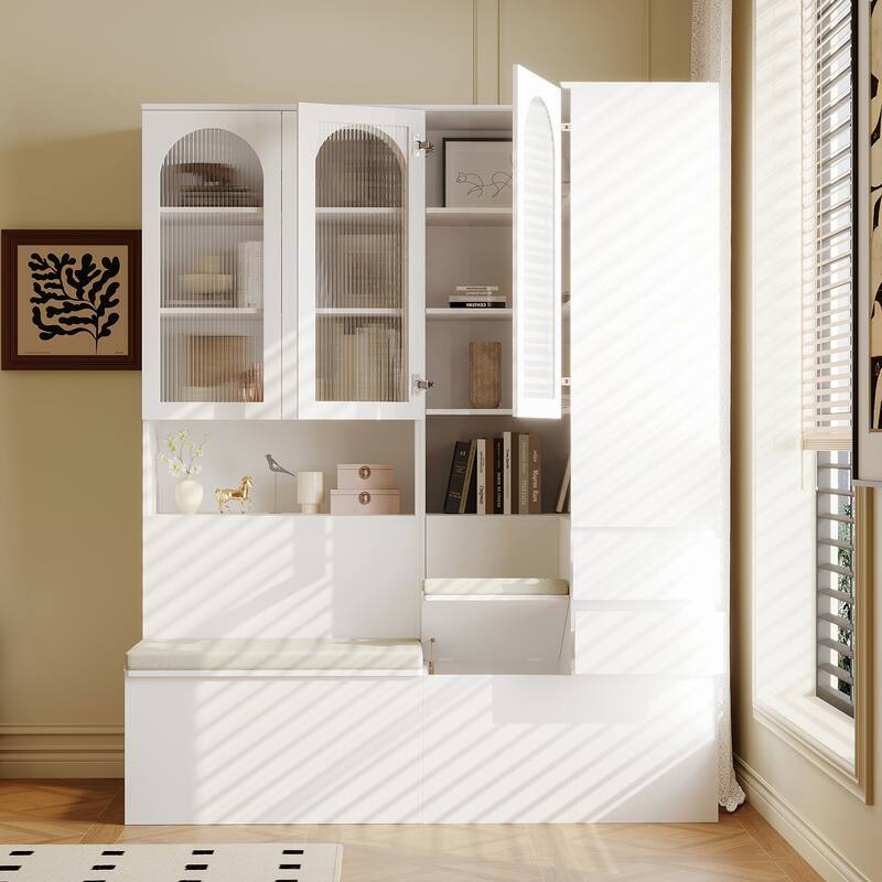 Entryway Cabinet Tempered Glass DoorsStorage Bench with Cushion, Modern Mudroom Hall Tree Organizer with Hidden Storage