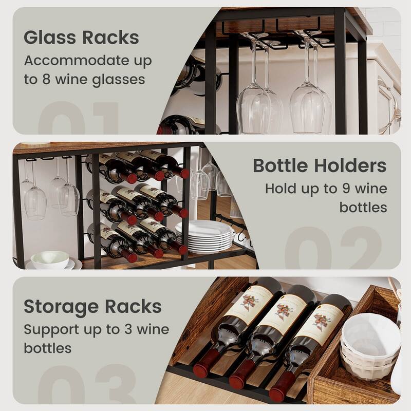 Costway 3 Tiers Bar Cart Home Serving Cart on Wheels with Glass Racks - See Details