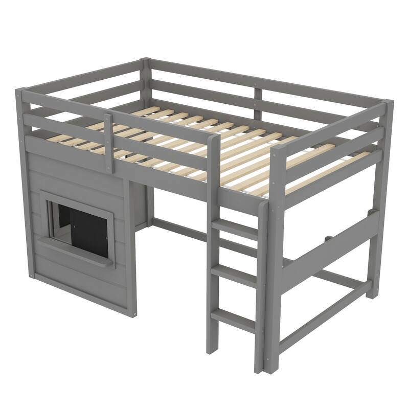 Full/Twin Loft Bed with Sliding Chalkboard, Bookshelf & Safety Rails