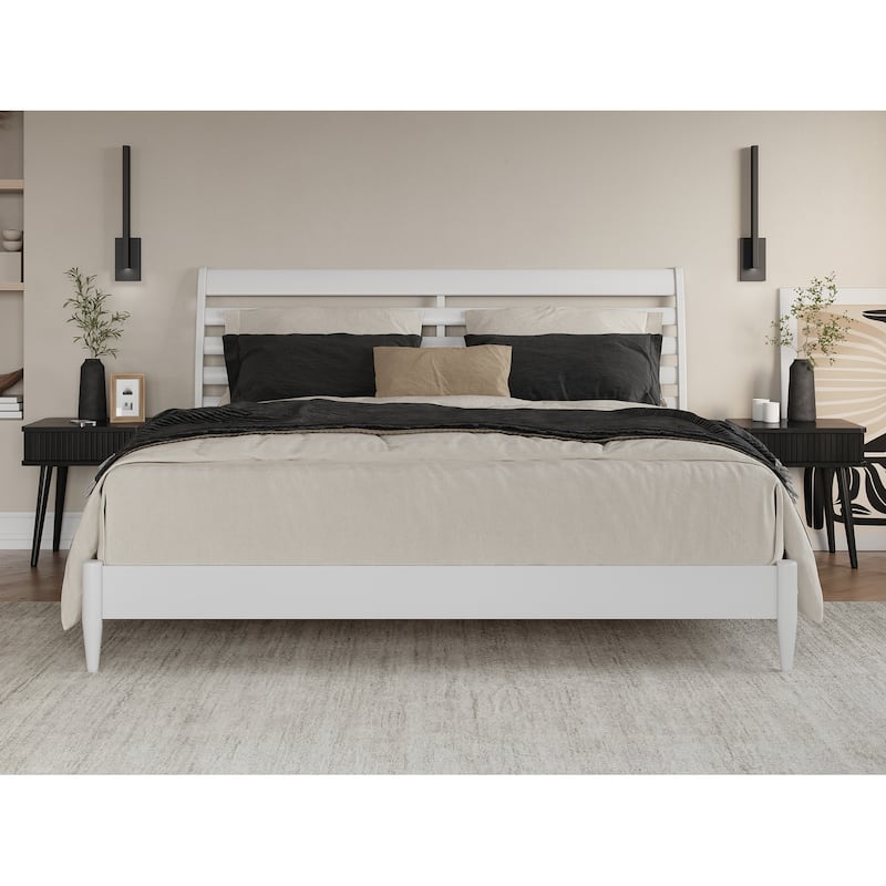 King Size Platform Bed - Solid Wood Low Profile Bed Frame - Rustic Recluse Design - White Finish