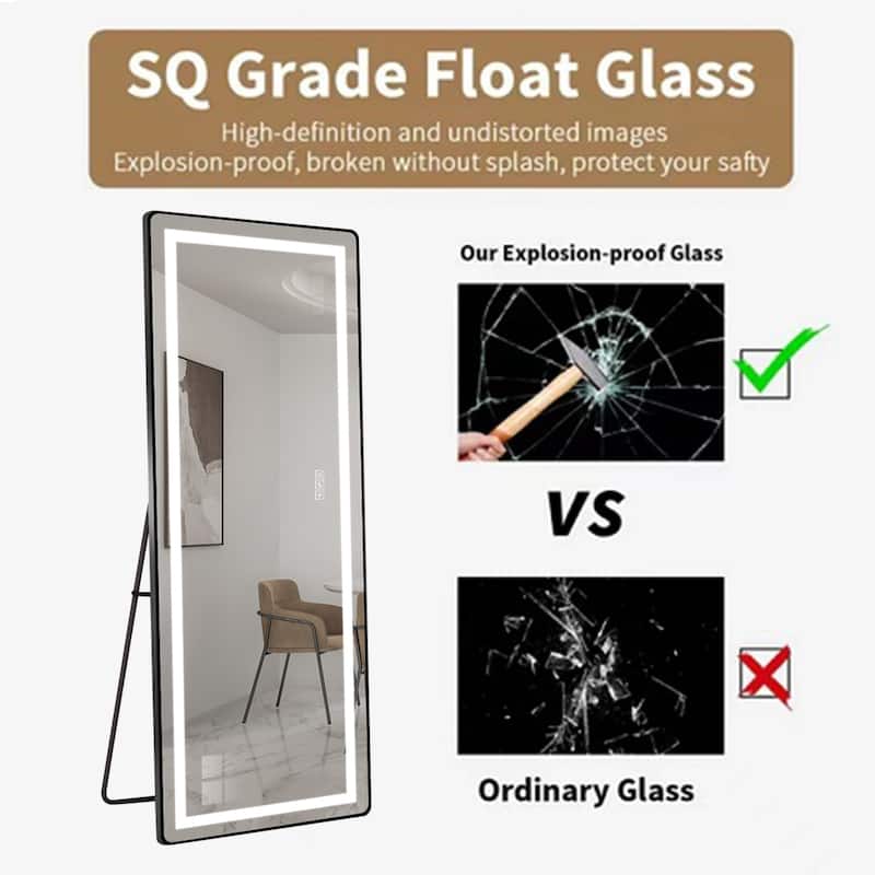 64x21 inch Full Length Vertical Mirror with LED Light Illuminated Floor Mirror Black Aluminum Frame