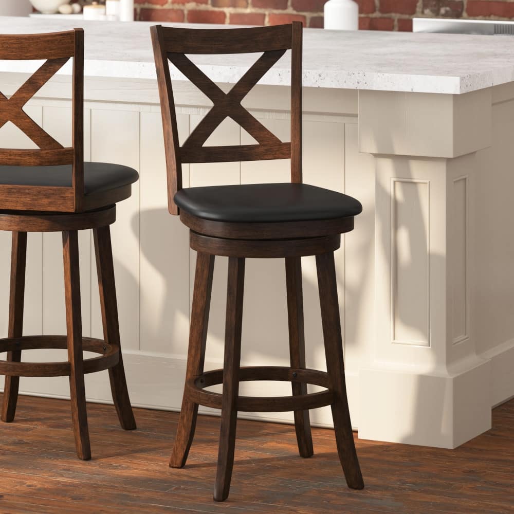 Modern Ladderback Wooden Upholstered Swivel Barstool
