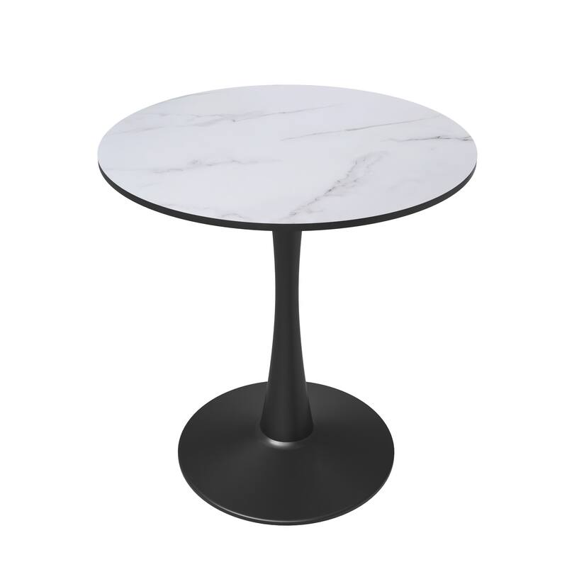 LeisureMod Bristol 24" Round Dining Table for 4 with MDF Wood Tabletop in Black Steel for Kitchen & Dining Room - Marbled White