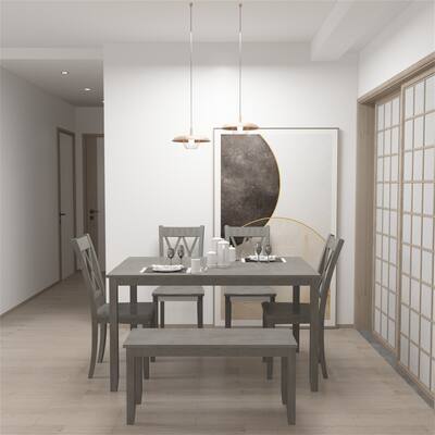 6-piece Wooden Rustic Dining Table Set w/ Cross Back 4 Chairs & Bench