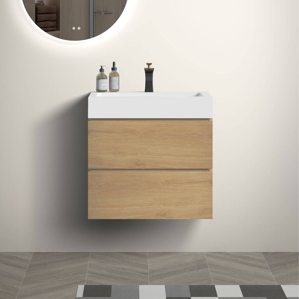 Wall-Mounted Bathroom Vanity with Solid Surface Integrated White Sink, Natural Oak Finish, Maximized Storage Drawers