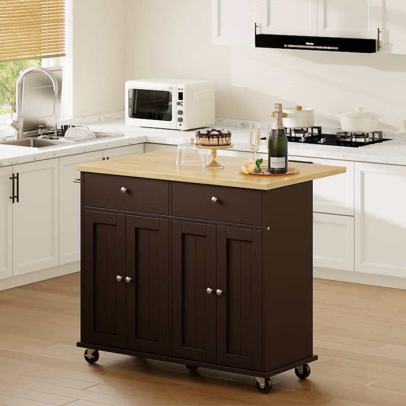 Kitchen Storage Island with 2 Drawers & Extendable Countertop - Rolling Storage Cart with Towel Rail, Lockable Wheels - Brown/Yellow