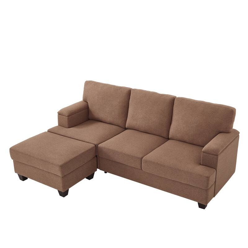 L Shaped 3 Seats Sofa with Armrest Organizer, Linen Sectional Sofa with Movable Ottoman, Comfy Upholstered 3 Seater Couch,