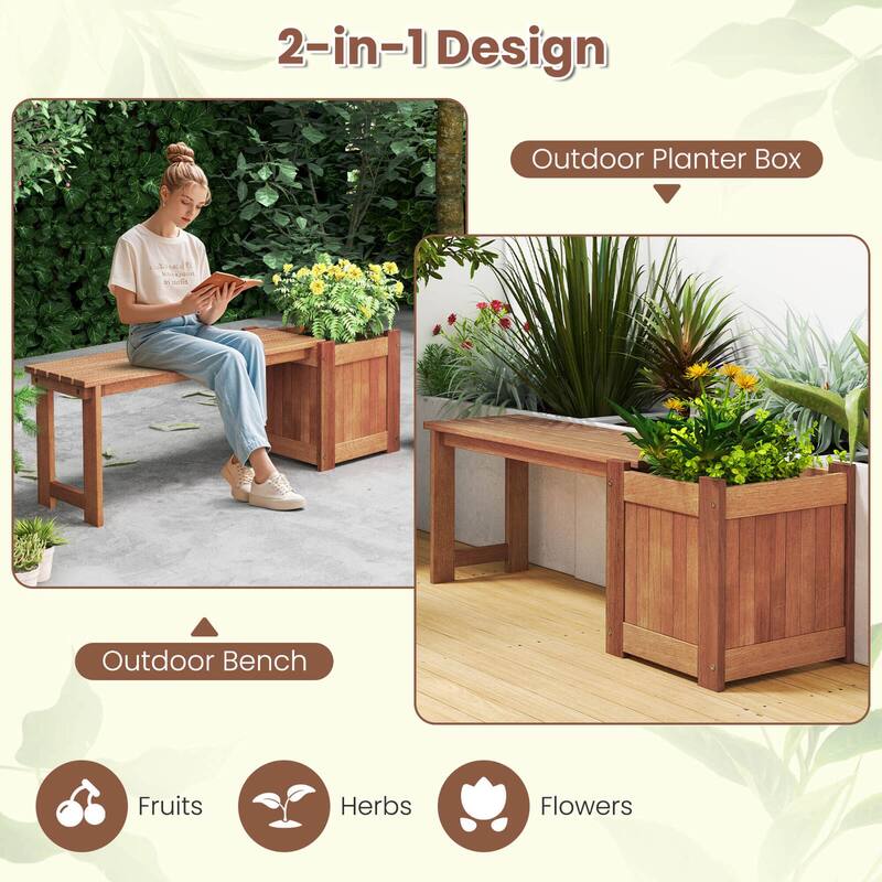 Costway 1/2 PCS Hardwood Flower Box with Bench Spacious Seat