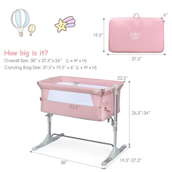 dimension image slide 1 of 2, Babyjoy Portable Baby Bed Side Sleeper Infant Travel Crib W/Carrying - See Details