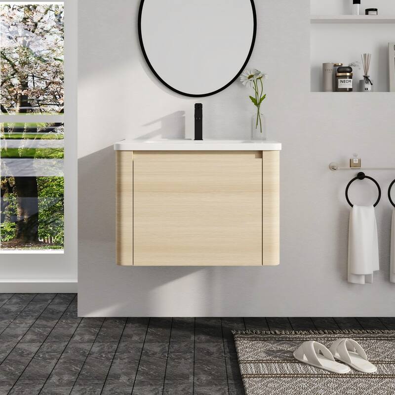 Malwee 28"/40"/52"/68" Floating Bathroom Vanity, Wall Mounted Bathroom Vanity with Ceramic Sink,Soft Close Door and Shelf