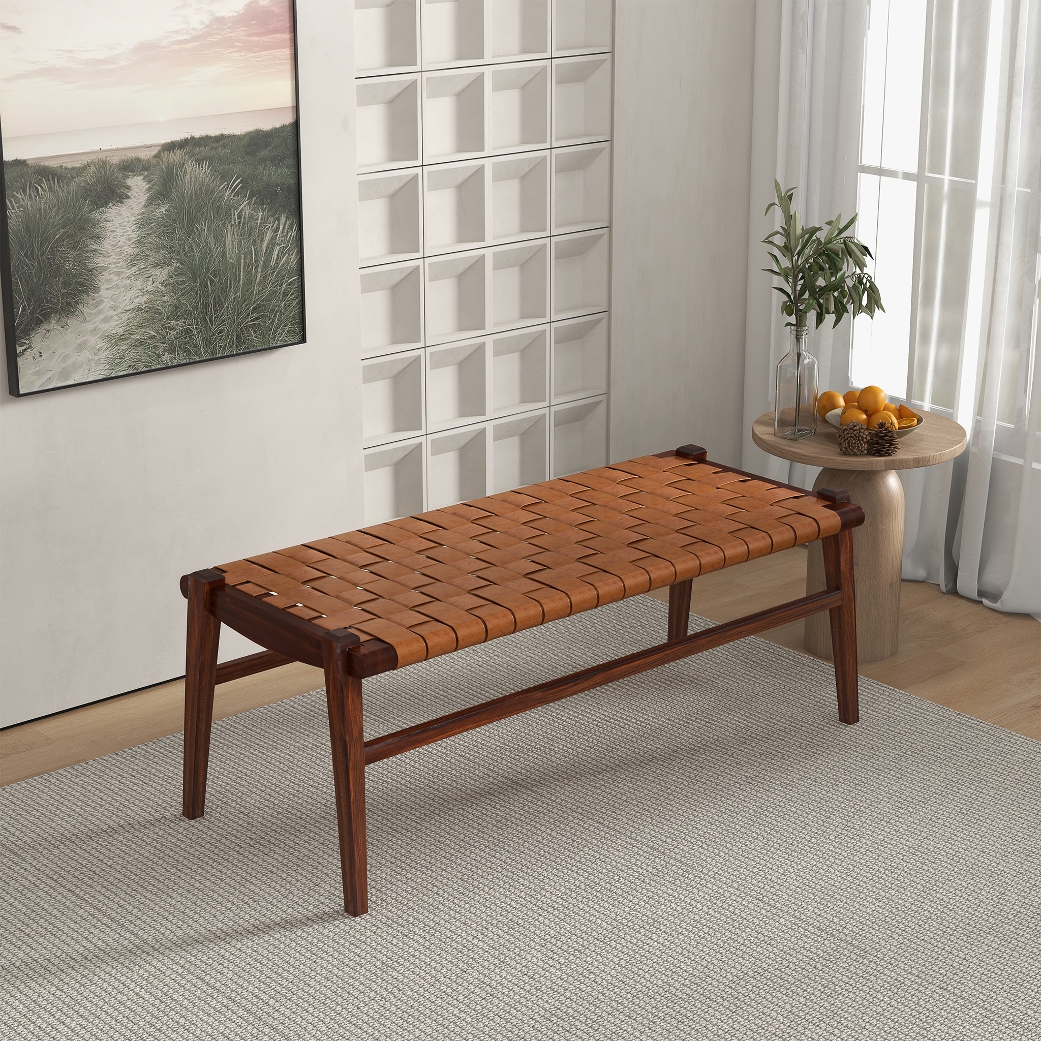 Sierra Mid-Century Genuine Leather Upholstered Bench in Tan