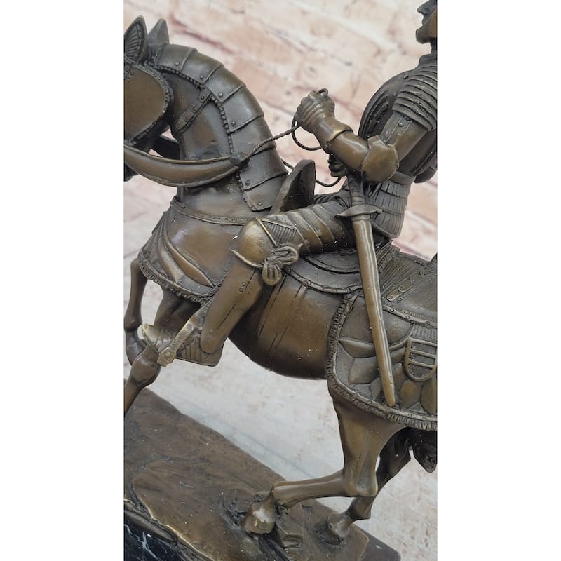 Medieval Chivalrous Knight On Imitative Horseback Bronze Sculpture Statue On Marble Base