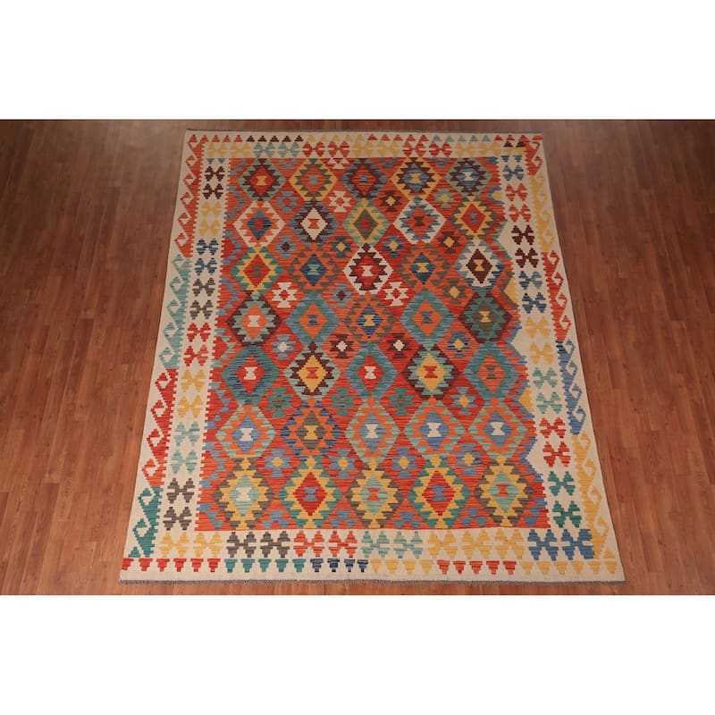 South Western Style Kilim Area Rug Flatweave Wool Carpet - 8'1" x 9'10"