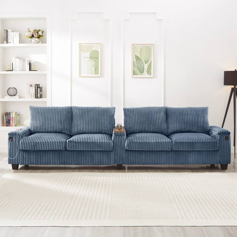 4 Seater Corduroy Sofa Couch with USB Ports and Storage Arms, 133" Modern Sofa with Side Pockets and Flip-Top Cup Holders