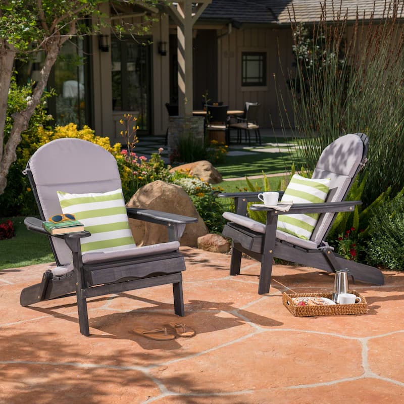 Malibu Outdoor Wood Folding Adirondack Chairs (Set of 2) by Christopher Knight Home - Dark Gray+ Gray Cushion