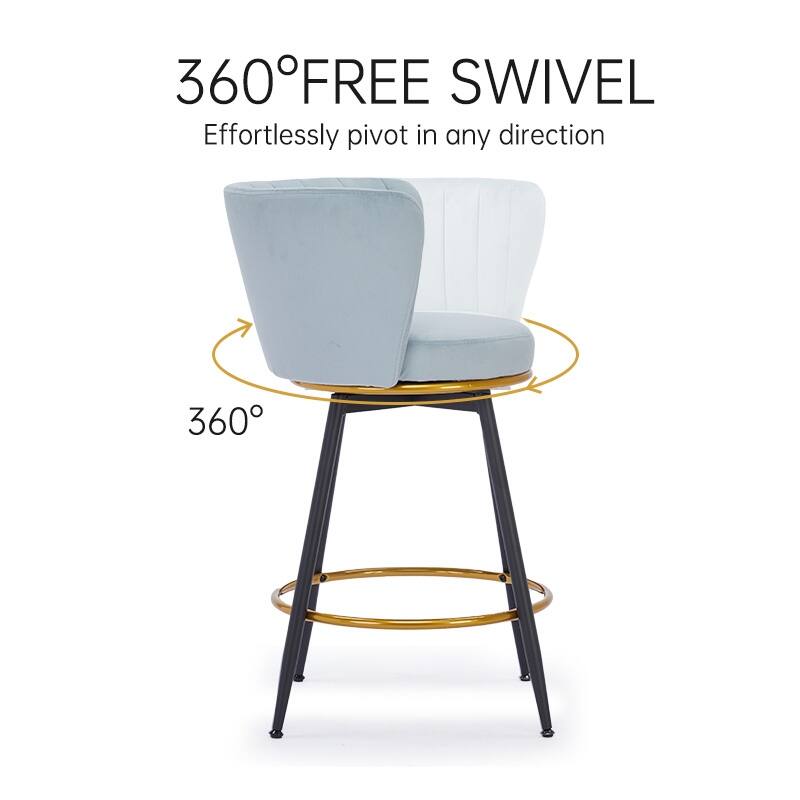 Modern Counter Height Bar Stools Set of 2 with Velvet Upholstery, 360° Swivel and Metal Base