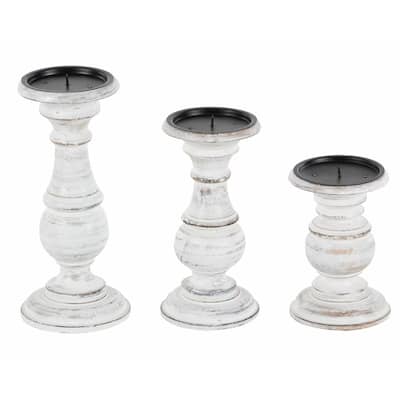 Solid Wood Candle Holder with Distressed Details,Set of 3