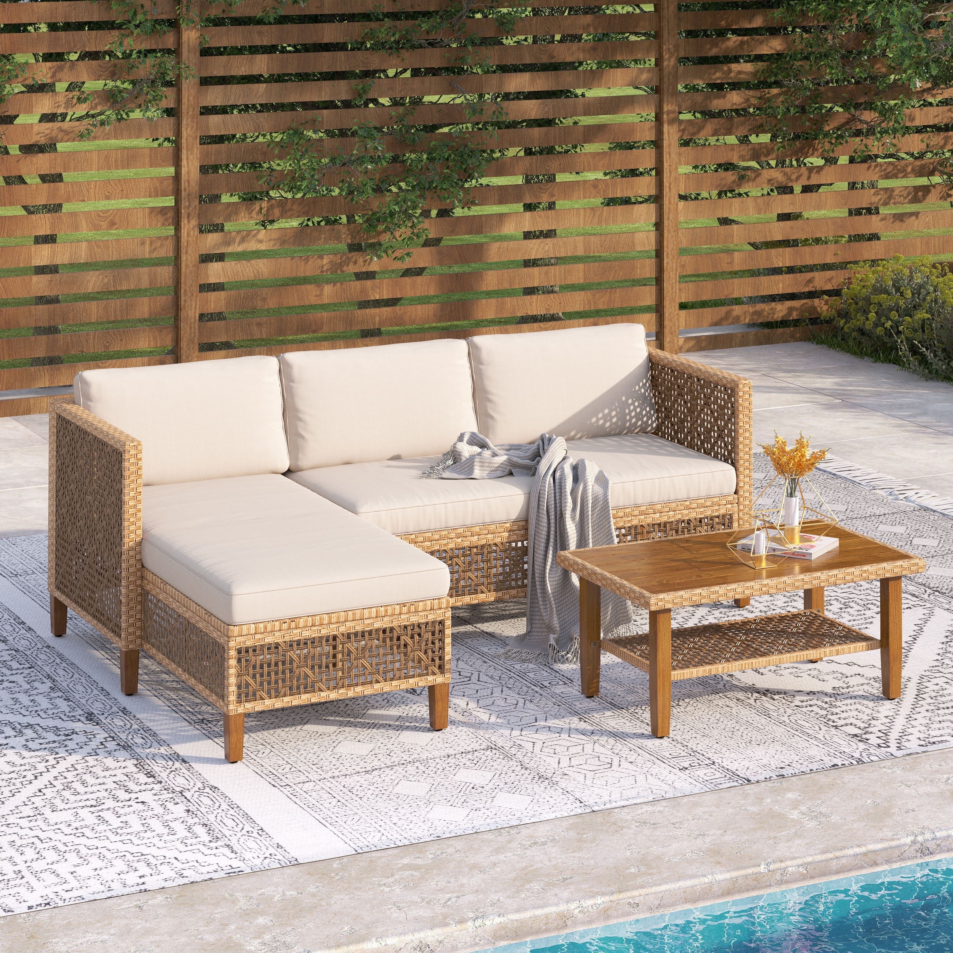MAISONundefinedARTS 3pc Outdoor Patio Bohemian Wicker Rattan Conversation  Set with Coffee Table - Bed Bath \u0026 Beyond - 42915996, image size:3124x3124
