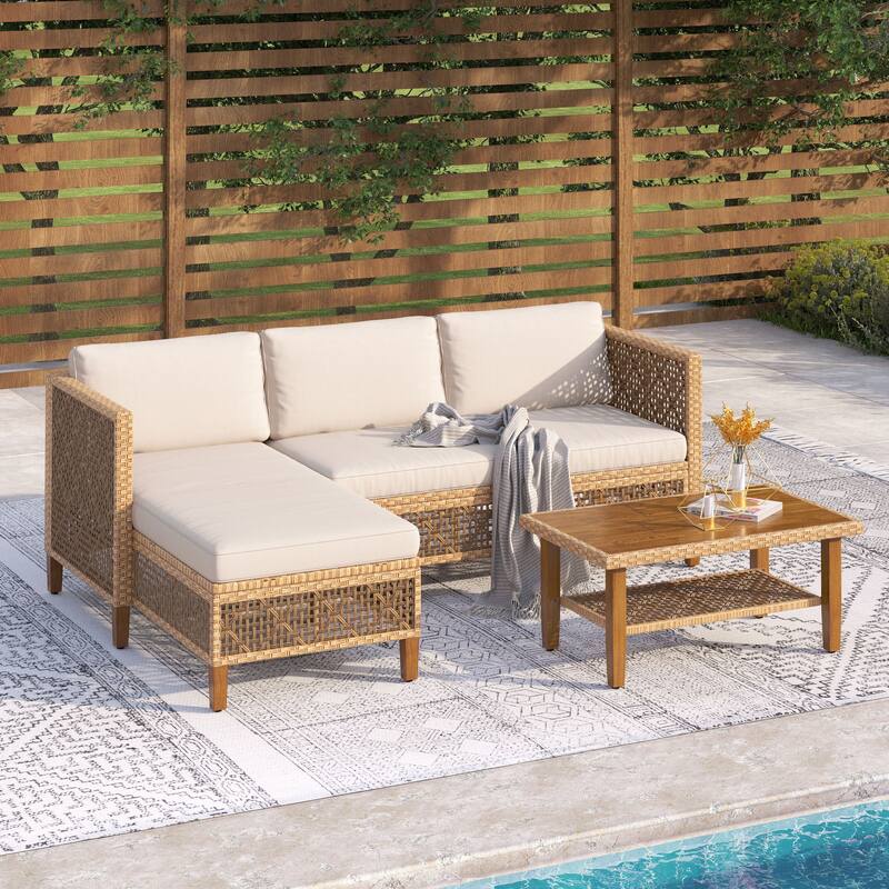 MAISON ARTS 3pc Outdoor Patio Bohemian Wicker Rattan Conversation Set with Coffee Table - Beige