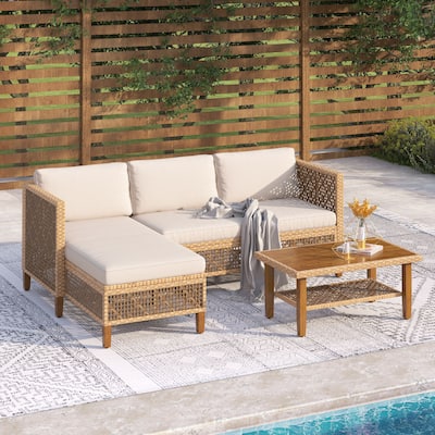 MAISON ARTS 3pc Outdoor Patio Bohemian Wicker Rattan Conversation Set with Coffee Table