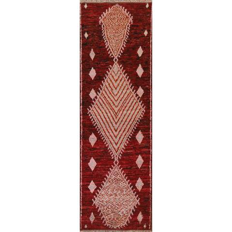 Red Contemporary Moroccan Oriental Runner Rug Hand-knotted Wool - 2'10" x 9'11"