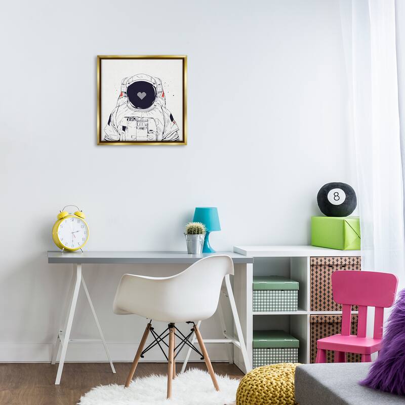 Stupell Minimal Astronaut with Heart Framed Floater Canvas Wall Art Design By Balazs Solti