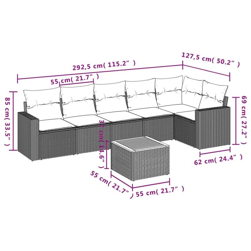 vidaXL Patio Sofa Set with Cushions Outdoor Furniture 7 Piece Poly Rattan - 21.7 x 21.7 x 14.6