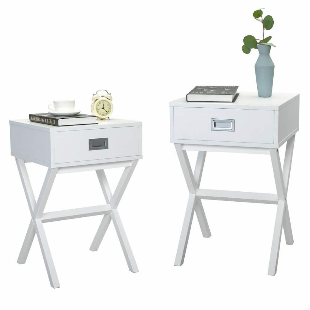 Set of 2 Wooden Nightstand Sofa Side Table with Drawer White