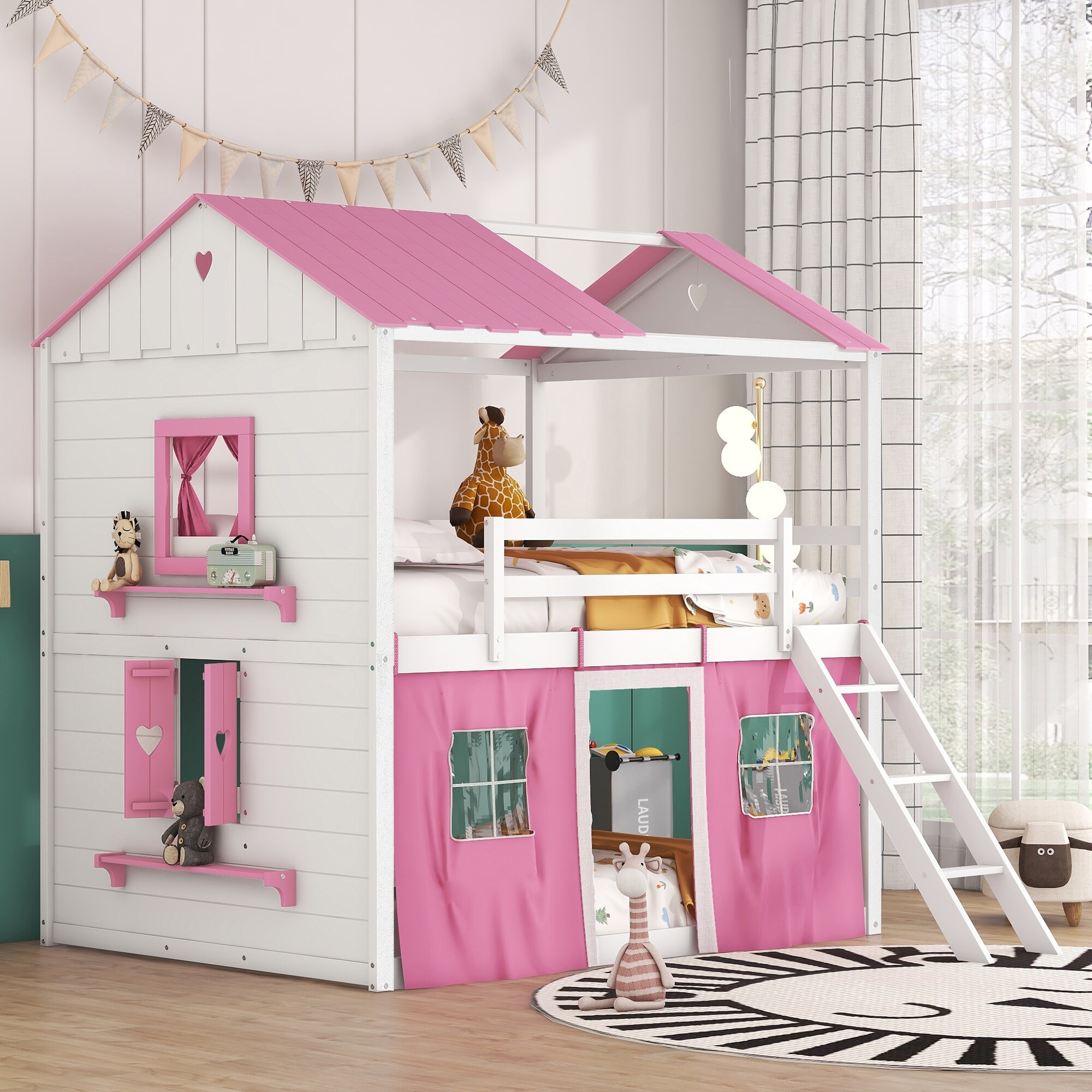 Full Size House Bunk Bed with Windows and Sills Kids Tent Bed with Guardrails for Kid Boy Girls Under Bed Storage White Pink