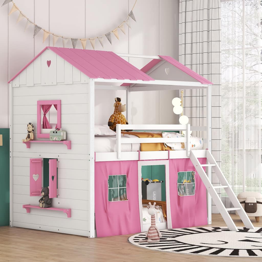 White+Pink Full Size Wood Castle House Bunk Bed with Windows, Sills, Tent, and Slide, Playhouse Design
