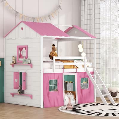 Wood Castle House Bunk Bed with Windows, Sills, Tent, Slide, Playhouse Design