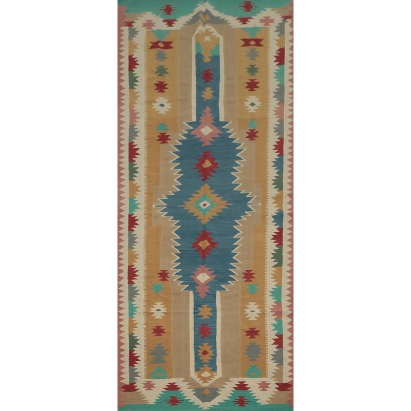 Hand Woven Oriental 100% Wool Carpet Southwestern Tribal Multi-Colored Kilim Runner Rug - 14' 7'' X 4' 11''
