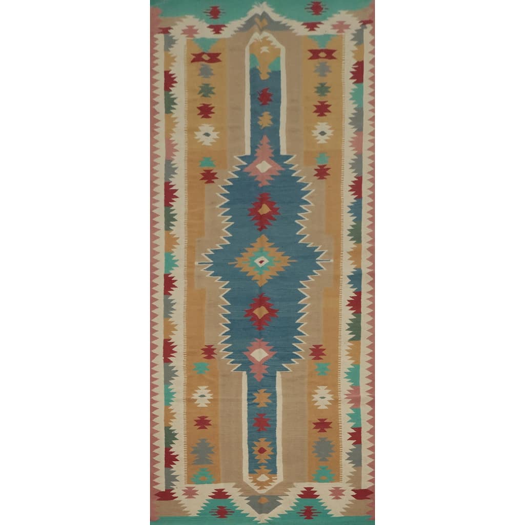 Hand Woven Oriental 100% Wool Carpet Southwestern Tribal Multi-Colored Kilim Runner Rug - 14' 7'' X 4' 11''