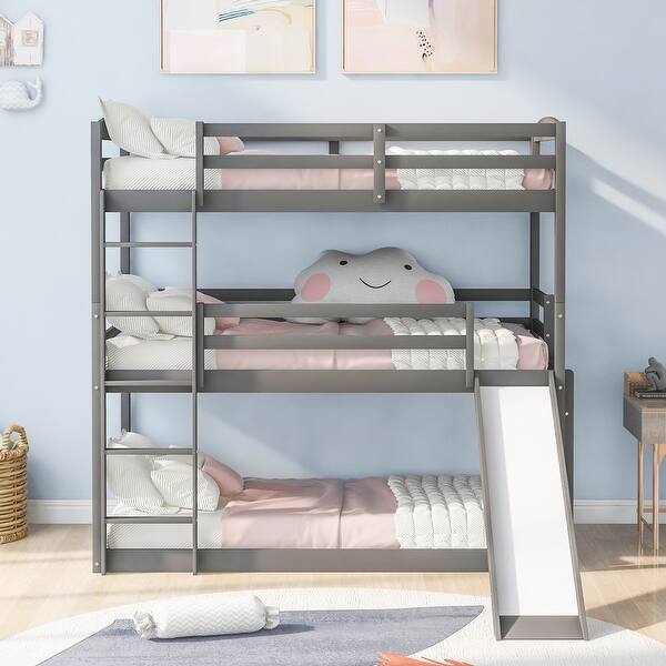 slide 2 of 15, Adjustable Solid Pine Triple Bunk Bed with Ladder and Slide