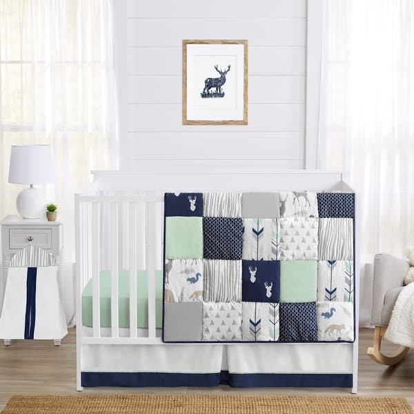 slide 2 of 3, Sweet Jojo Designs Navy Blue Woodland Deer Boy Girl Gender Neutral 5p Nursery Crib Bedding Set Green Grey Woodsy Forest Arrow