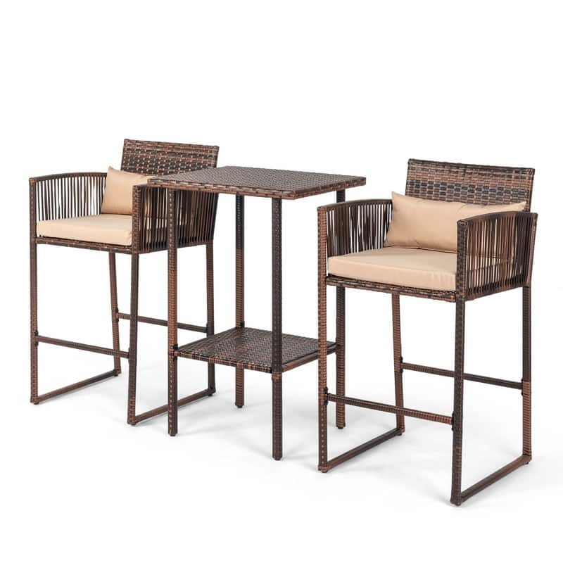 Outdoor 3PCS Wicker Bistro Set with Cushions - Brown Wicker