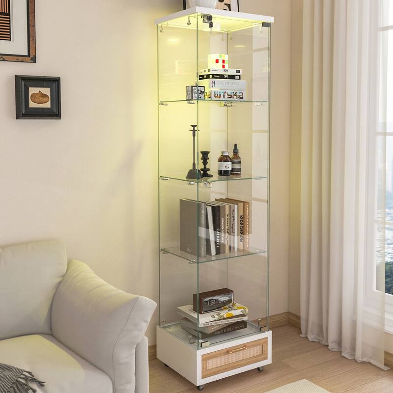 Modern Glass Display Cabinet with Drawer and LED lights for Living Room and Bedroom