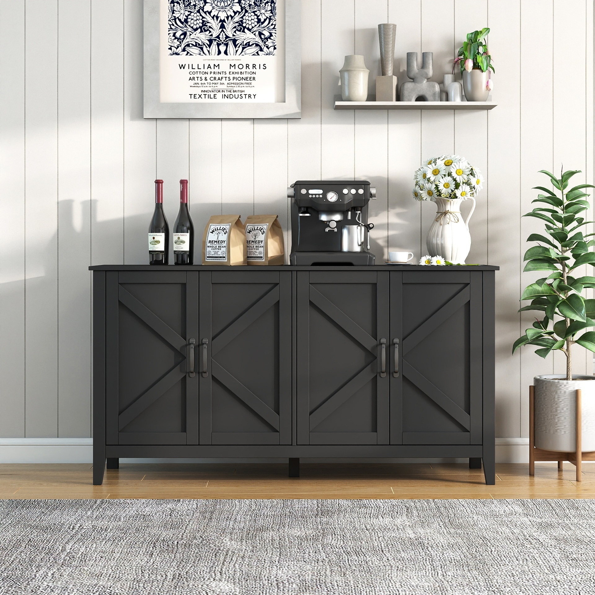 Cabinet with 4 Doors and 4 open shelgves, Freestanding Sideboard Storage Cabinet Entryway Floor Cabinet for Living Room