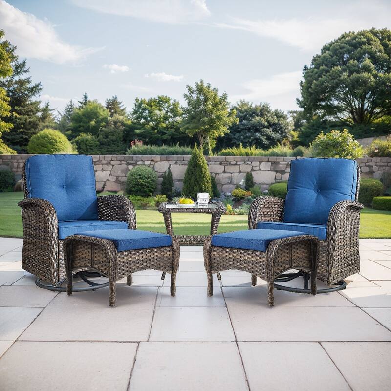 Gymojoy 5-Piece Outdoor Wicker Patio Swivel Chair & Ottoman Set, Rattan Coversation Set with Water Resistant Cushions - Brown Wicker / Blue Cusion - 5-Piece