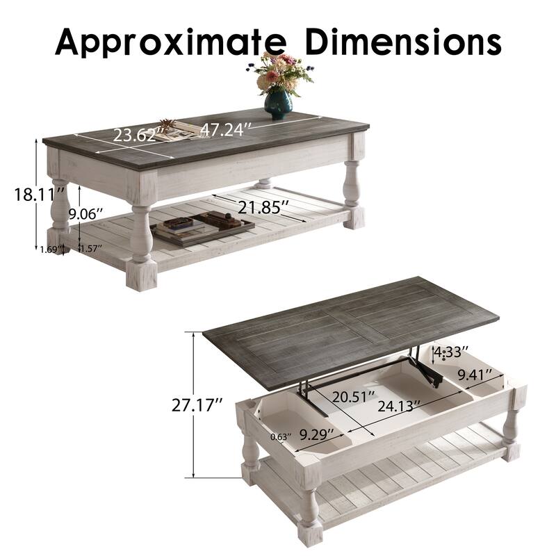 47" Farmhouse Lift Top Coffee Table with Fixed Shelf and 3 Hidden Storage