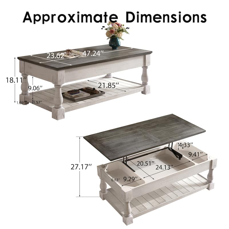 Farmhouse 47.24" Lift Top Coffee Table with Storage Trays Handcrafted Solid Wood for Stylish Living Room Storage