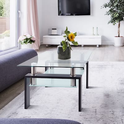 Rectangle Clear Glass Coffee Table with Metal Tube Base