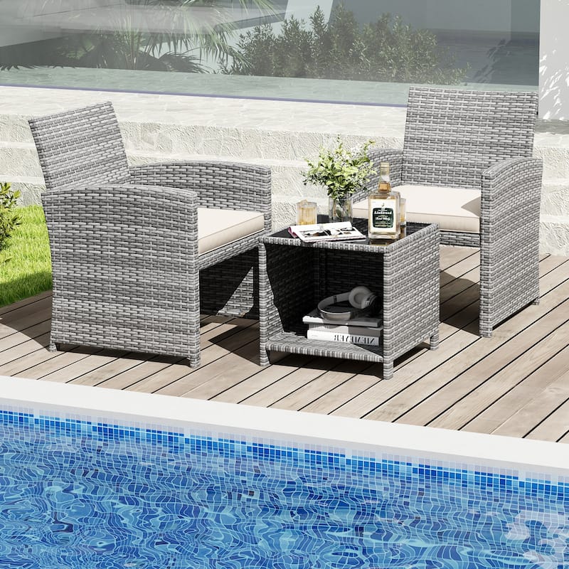 Outdoor Wicker Furniture Set 3 Piece with Cushions and Table - 18" × 18" × 17"