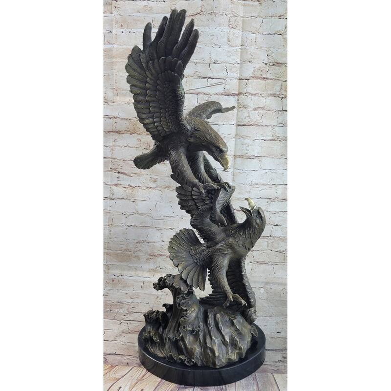 Fighting Eagles Birds Bronze Statue Sculpture Figure Signed Original Marble Base