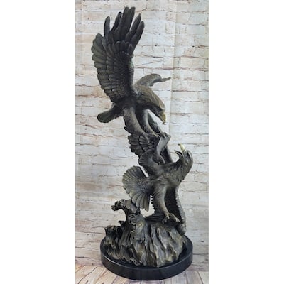 Fighting Eagles Birds Bronze Statue Sculpture Figure Signed Original Marble Base