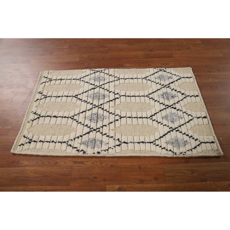 Geometric Trellis Moroccan Indian Accent Rug Handmade Wool Carpet - 2'0"x 3'0"