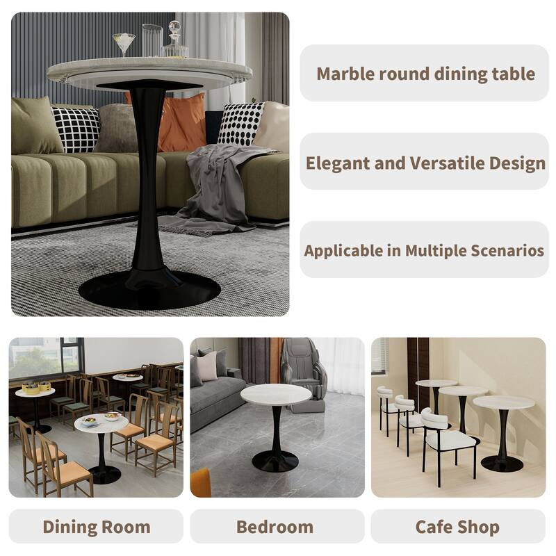 27.6" Mid-Century Modern Style Dining Table, Accommodates 2-4 People, Featuring A Round White-Veined Marble Tabletop