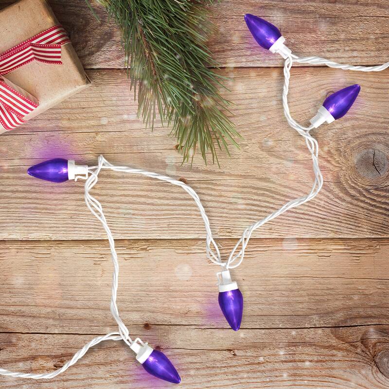 25 Count Purple LED C7 Christmas Lights, 16 ft White Wire